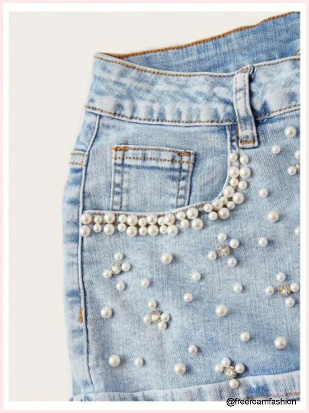 Cuffed Jean Skirt with Rhinestone Pearls, A-Line Mini, Button Fly
